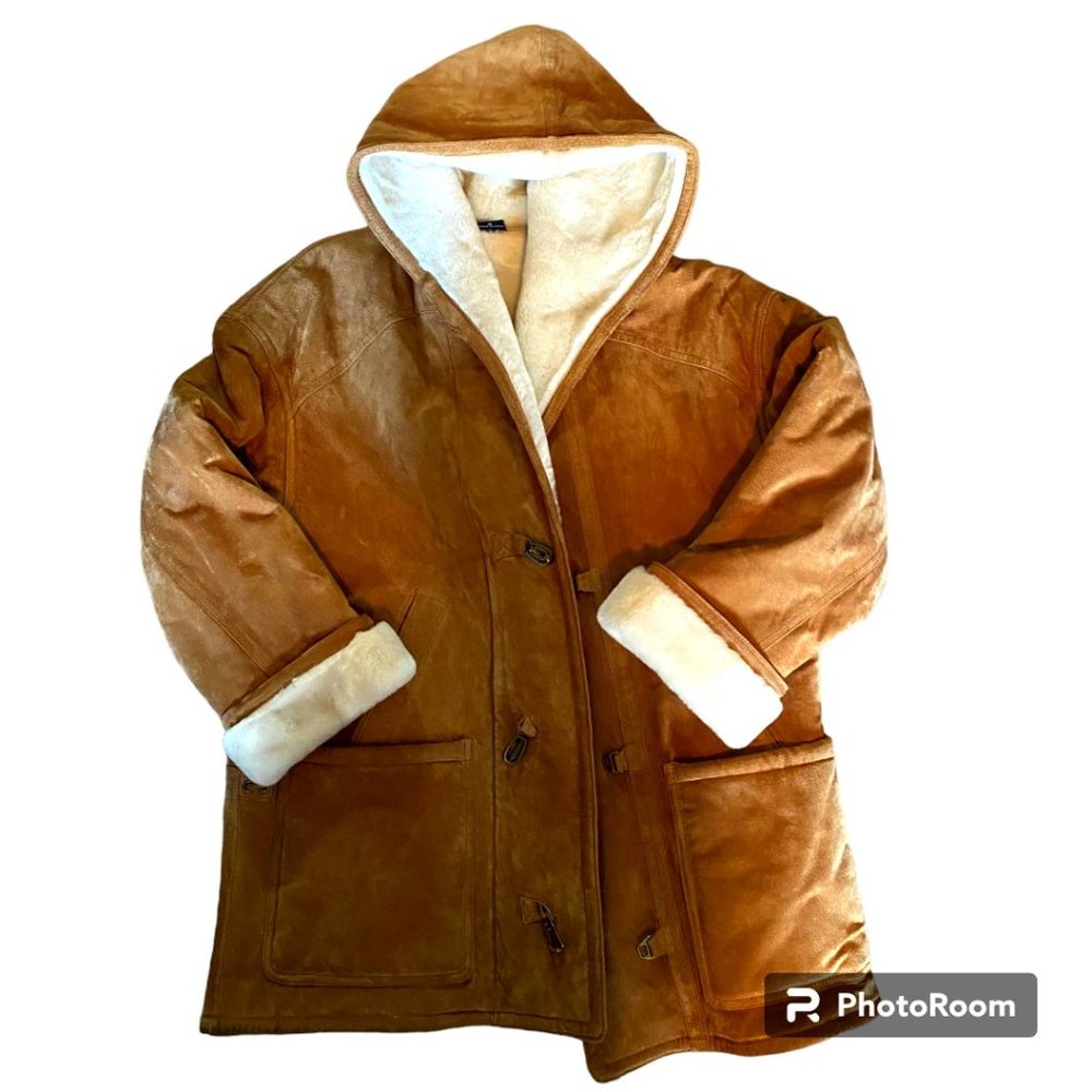 Gallery Vintage Woman's‎ Genuine Leather Sherpa lined hooded Coat sz S